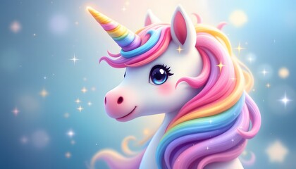 A cute kawaii unicorn with pastel rainbow mane on a magical background - represents fantasy and dreams - suitable for kids' parties, birthday cards, or children's books