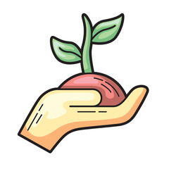 Ecology symbolizes life balance with a hand nurturing a sprouting plant. Suitable for environmental awareness campaigns, gardening topics, and sustainability projects