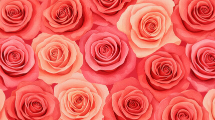 Red and coral watercolor roses create vintage floral pattern