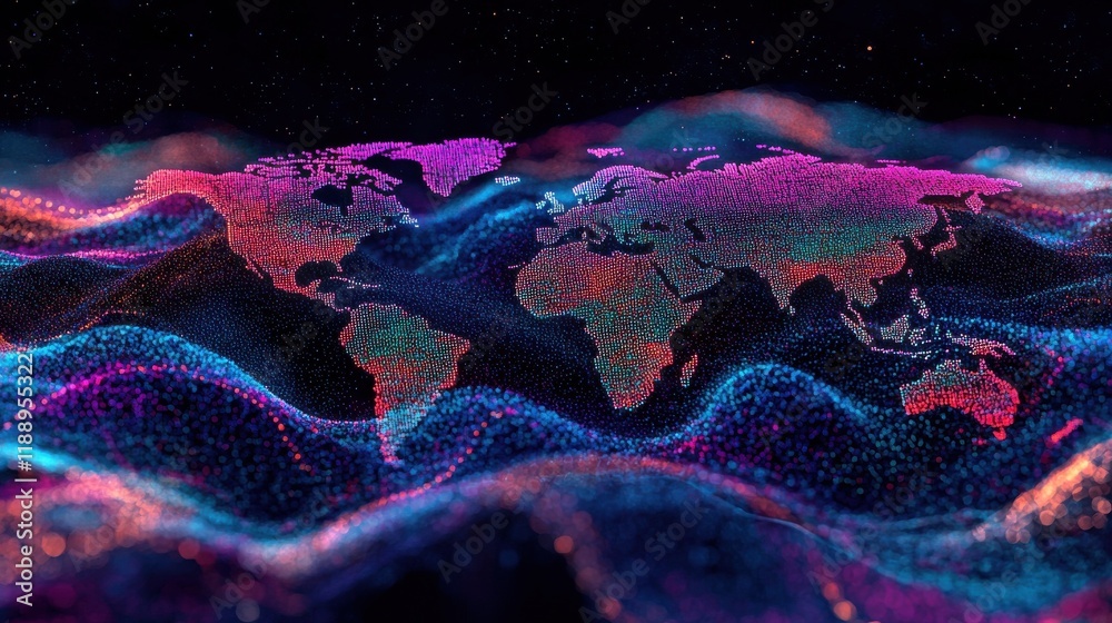 Poster global stats and big data concept with digital graphic colourful dotted world map and indicators on 