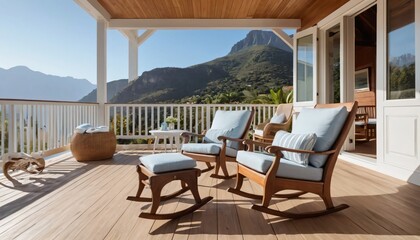 Fototapeta premium A classic rocking chair with soft cushions, on a wooden terrace with a view of the mountains or the beach.