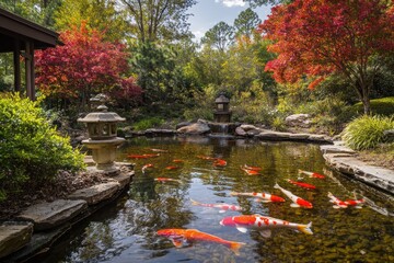 Serene Koi Pond in Autumnal Japanese Garden