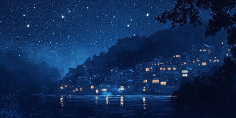 Nighttime Village Scene by the Lake Under a Starry Sky
