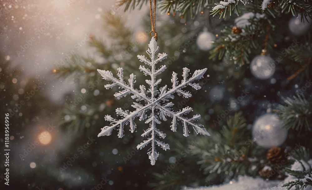 Poster snowflake ornament hangs from a tree. the snowflake is white and has a gold chain
