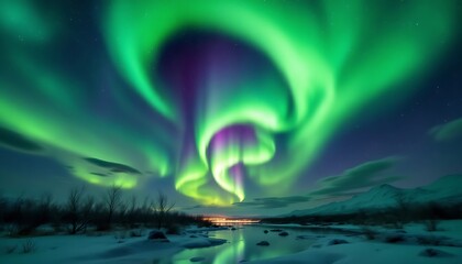 Aurora Borealis Dance: Serene Winter Landscape Under Emerald Lights