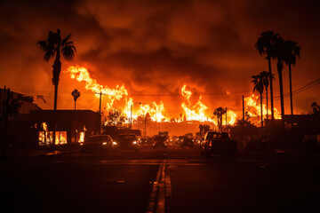 A night scene in Los Angeles, California, where wildfires are raging. A city on fire. The neighborhood is engulfed in flames, and the embers illuminate the thick smoke filling the sky.