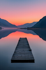 Tranquil Sunset Over a Serene Lake with Distant Mountain Silhouettes and Wooden Dock