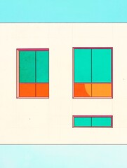 Vibrant teal orange windows playfully arranged on minimalist cream wall bathed in soft sunlight. AI Generated