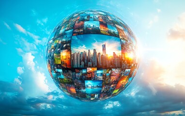 Photos creatively arranged in a spherical shape, artistic collage concept, vibrant and imaginative visual design