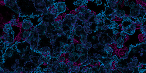 Microscopic fractal cell art style design. Blue colored cell fractal design in dark background. Bacteria like texture pattern design biological microscopic art style design. Malicious virus cell art.