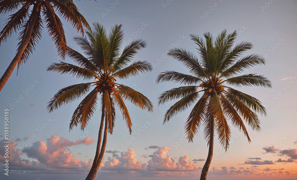 Aufkleber two palm trees are standing in the foreground of a cloudy sky. the sky is a mix of blue and pink