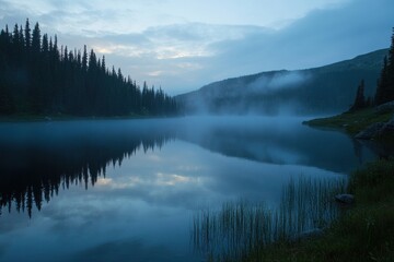 Fototapeta premium Serene Mountain Lake Mist Shrouds Trees at Dusk