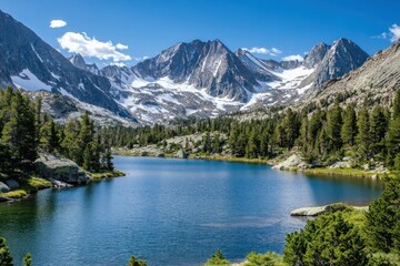 Majestic Mountain Lake Surrounded by Snowcapped Peaks and Pine Trees