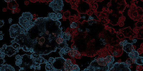 Microscopic fractal cell art style design. Blue and red cell fractal design in dark background. Bacteria like texture pattern design biological microscopic art style design. Malicious virus cell art.