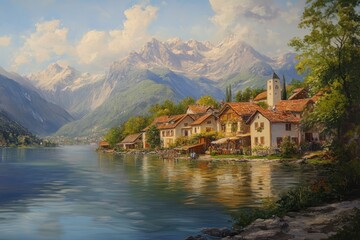 Fototapeta premium Lakeside Village Nestled Among Majestic Mountains