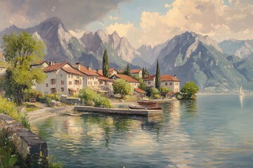 Fototapeta premium Lakeside Village nestled amongst majestic mountains and tranquil waters