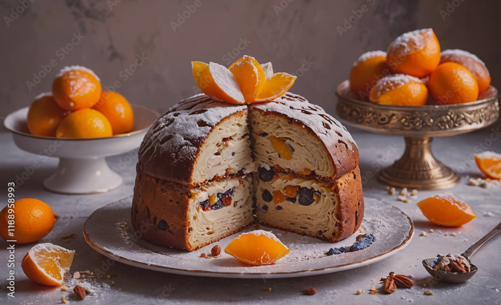 Aufkleber Cake with a slice missing is on a white plate. The cake is decorated with powdered sugar and has a few oranges on top. There are also oranges on the table, some of which are sliced and others whole