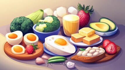 Keto diet. Ketogenic food, paleo nutrition concept. Healthy dietology, protein and fats balanced. Vector modern eating system illustration