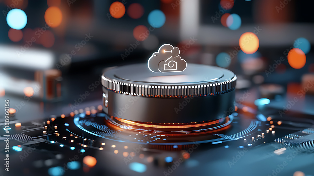 Poster innovative cloud technology device digital workspace 3d visualization tech environment close-up view