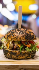 Gourmet burger, sesame seed bun, juicy beef patty, melted cheese, fresh vegetables, colorful ingredients, artisanal, close-up, mouth-watering, food photography, vibrant colors, texture details, wooden