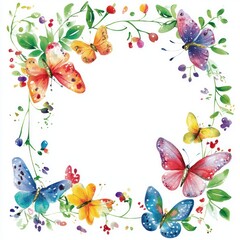 Fototapeta premium Colorful butterflies and flowers frame, spring design, floral border, decorative graphic