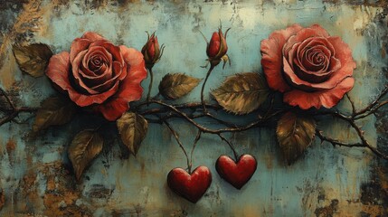 Romantic vintage roses with hanging hearts on textured artistic background