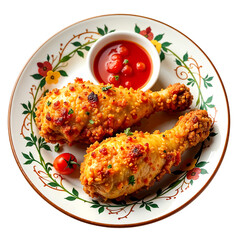 Chicken deep fry with tomato souse in a plate.