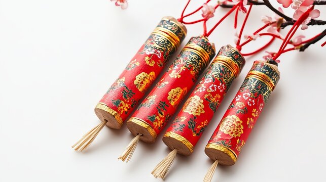 Firecrack with hang wood tag on white background,clipping path&Atilde;&nbsp;&Acirc;&cedil;&Acirc;&iexcl;Chinese translation:Happy New Year stock photo 