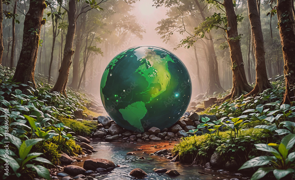 Poster green globe is in the middle of a forest. the globe is surrounded by rocks and plants