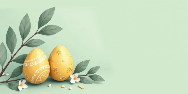 Pastel Yellow Easter Eggs Decorated with Floral Designs and Spring Branches on a Light Green Background