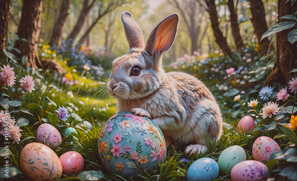 Poster cute rabbit is sitting in a field of easter eggs. the eggs are of various sizes and colors, includin