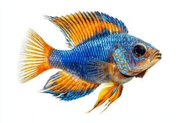 Fototapeta premium A vibrant blue fish with striking orange fins swims gracefully, showcasing its colorful features against a white background.