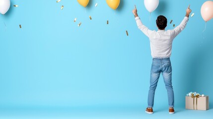 Fototapeta premium Happy Celebrant with Balloons and Confetti Against Blue Background