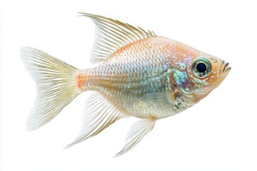 A vibrant, shimmering fish with delicate fins swims gracefully against a white background, showcasing its iridescent scales and captivating appearance.