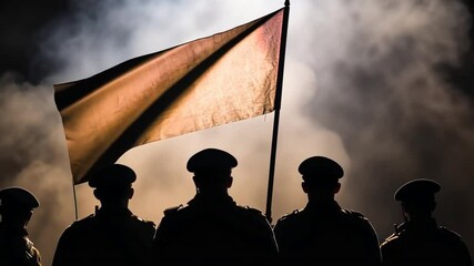 A powerful composition of soldiers seen from the rear, holding the national flag with dignity, against a shadowy background illuminated by subtle, dramatic lighting