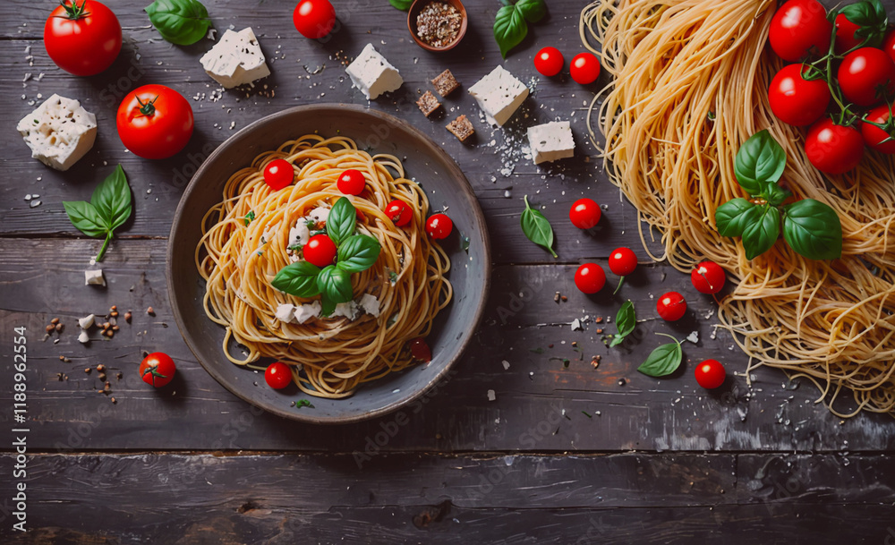 Poster plate of spaghetti with tomatoes and basil on top. there is also a bowl of pasta on the table