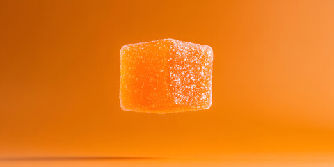 A single, orange, cube-shaped jelly candy floats against a vibrant orange background.  The candy appears sugary and slightly translucent.
