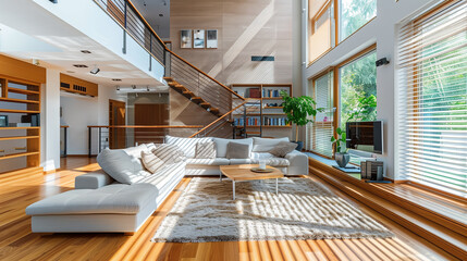 Bright living room interior with sofa, armchair, panoramic window, bookshelves, carpet and wooden floor. Concept of minimalist design.