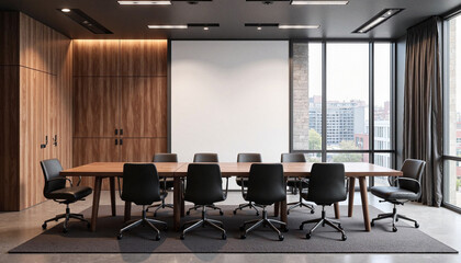 Sleek conference table mockup in modern boardroom, corporate design