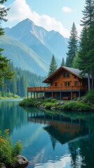 Obraz premium Cottage in forest, nestled between lush greenery and natural surroundings. Peaceful views of forest and mountains, lake landscape