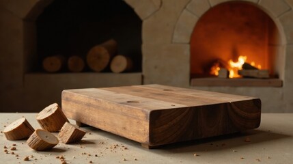 Rustic wooden cutting board rests on a surface with wood pieces nearby, a cozy fireplace softly glowing in the background.