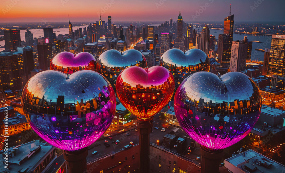 Poster city with a large heart on top of a building. there are five hearts in total. the heart on the left 