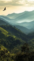 Majestic Mountain Range, Lush Forest, and a Bird in Flight