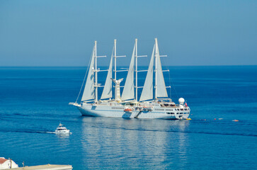 sailing ship in mykonos island greec is summer