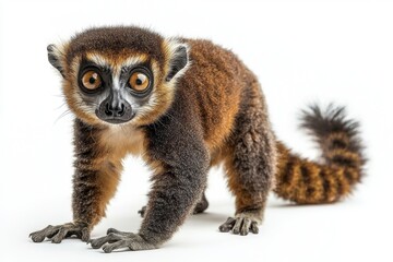 Obraz premium A curious lemur with large eyes and a bushy tail, showcasing its unique fur and playful stance against a white background.