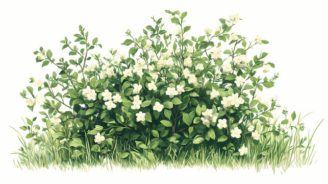 The crataegus bush, blooming now, is also known by names such as quickthorn, thornapple, may-tree, whitethorn, or hawberry. Thornpath. Illustration
