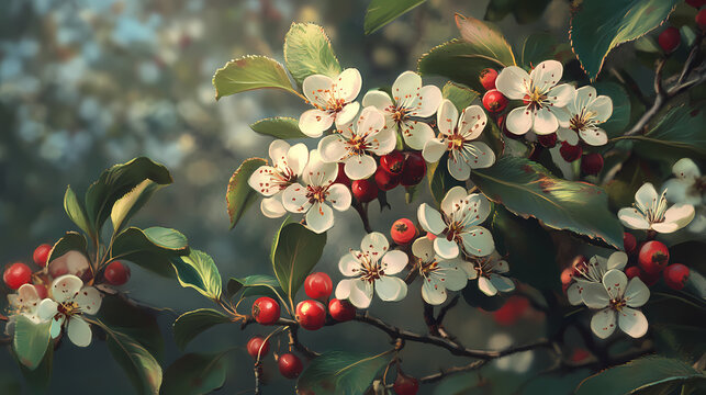 The crataegus bush, blooming now, is also known by names such as quickthorn, thornapple, may-tree, whitethorn, or hawberry. Thornpath. Illustration