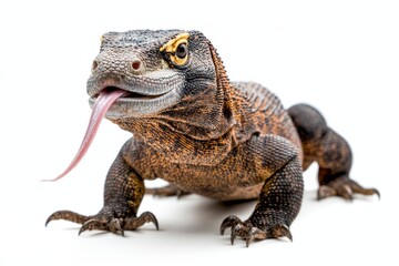 Fototapeta premium A close-up of a lizard with a prominent tongue, showcasing its textured skin and vivid eyes against a white background.