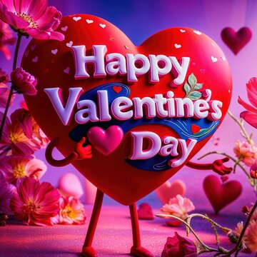 Ilustraci&oacute;n festiva de San Valent&iacute;n con un gran coraz&oacute;n rojo animado, sosteniendo un coraz&oacute;n rosa y rodeado de flores y corazones, con texto Happy Valentine's Day