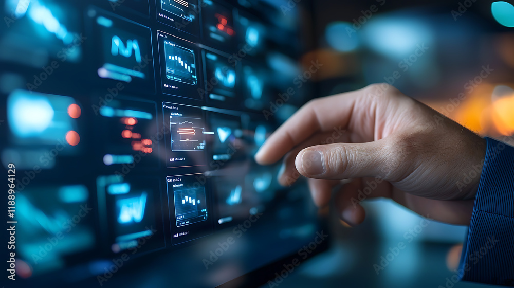 Poster digital interaction with technology insights office environment screen data analysis nighttime setti